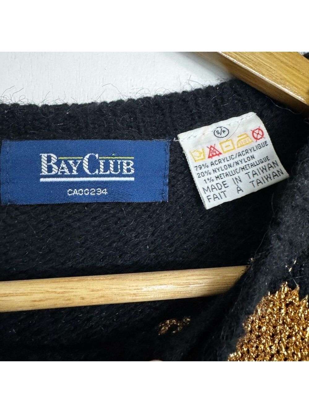 Vintage Bay Club Metallic Cat Sweater Black Gold Knit Novelty Pullover Small - Picture 6 of 9